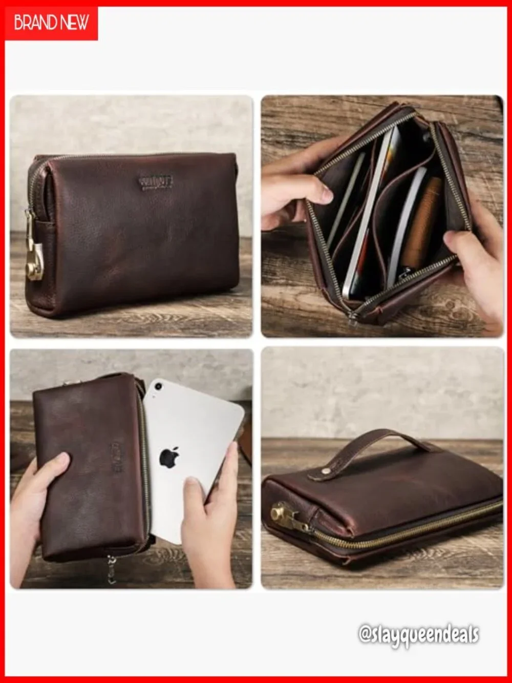 Vintage Leather Clutch Wallet with RFID Lock Retractable Strap Multi-Pocket